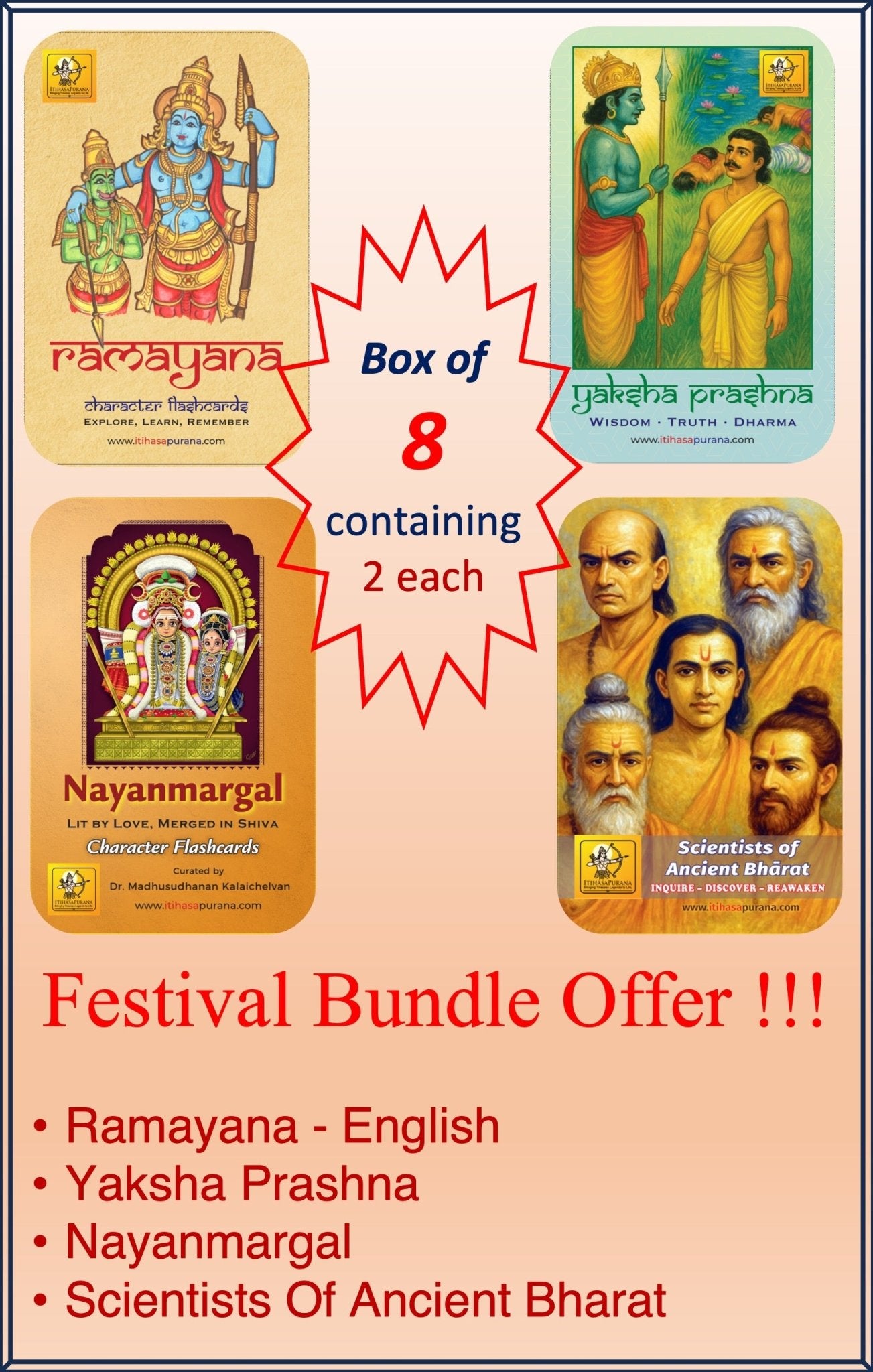 Festive Bundle of 8 - Ramayana, Yaksha Prashna, Nayanmargal and Scientists of Bharat - Each 2 - Itihasapurana