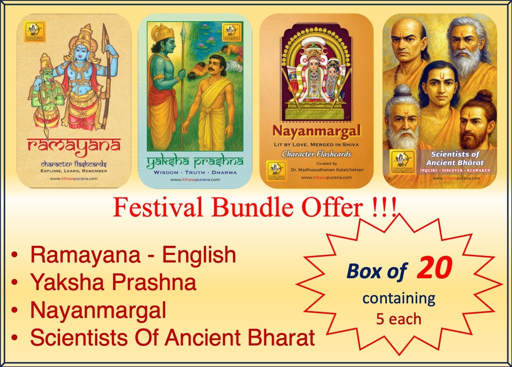 Festive Bundle of 20 - Ramayana, Yaksha Prashna, Nayanmargal and Scientists of Bharat - Each 5 - Itihasapurana