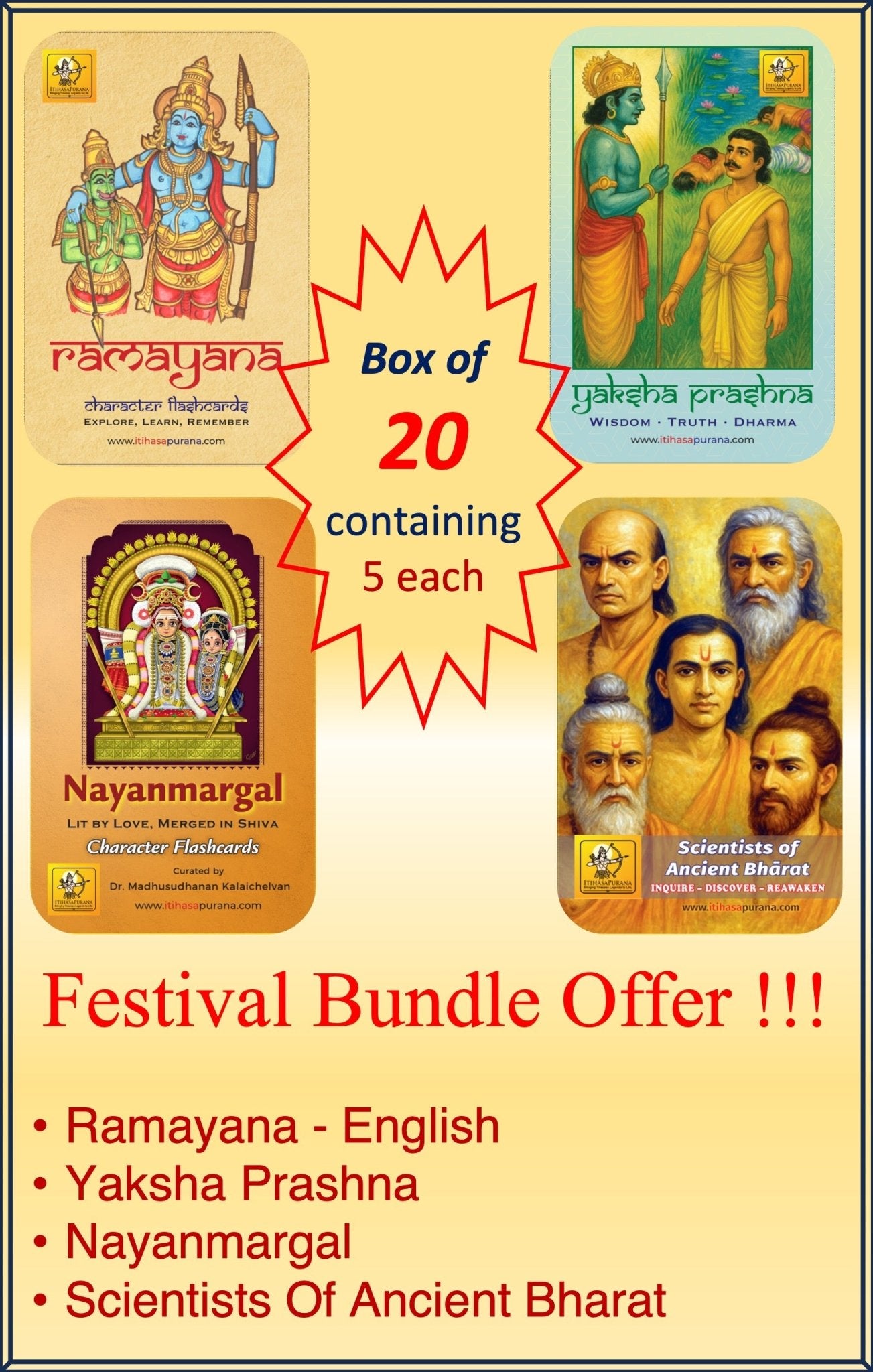 Festive Bundle of 20 - Ramayana, Yaksha Prashna, Nayanmargal and Scientists of Bharat - Each 5 - Itihasapurana